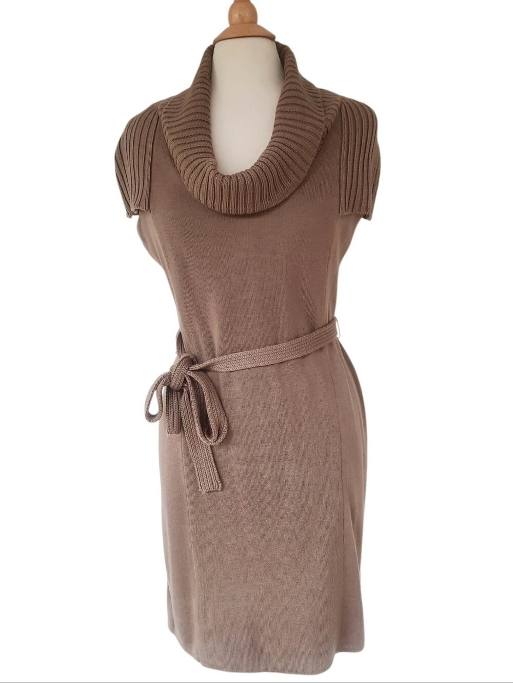 CALVIN KLEIN Taupe Cowl Neck Cap Sleeve Belted Sweater Dress w/Ribbed Trim Sz L